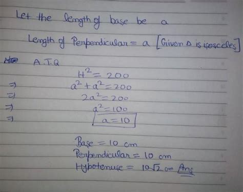 If the square of the hypotenuse of an isosceles right triangle is 200m2 ...