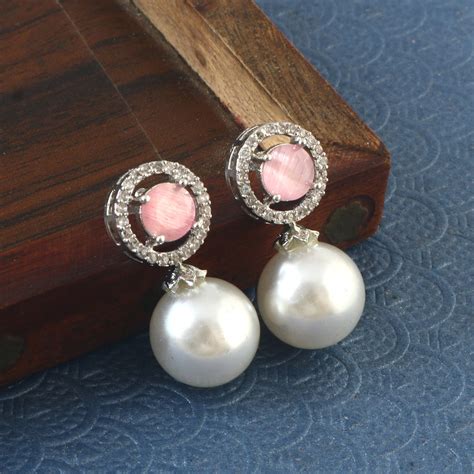 Silver-Plated Cubic Zirconia Studded & Pearls Beaded Circular Drop Ear ...