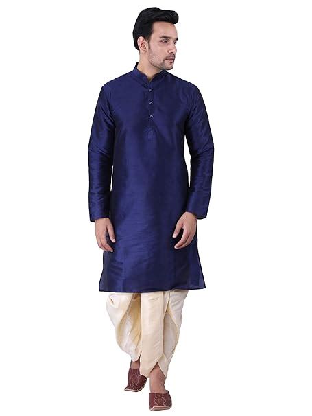 TAU-G Men's Dupion Silk Navy Blue Full Sleeve Long Kurta Gold Blended ...