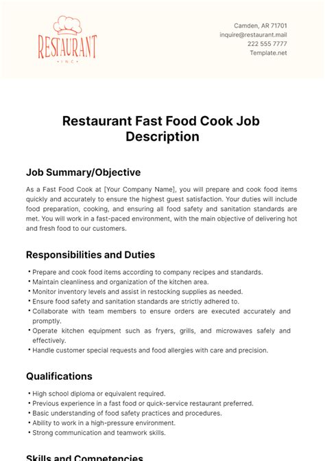 Cook Fast Food Job Description