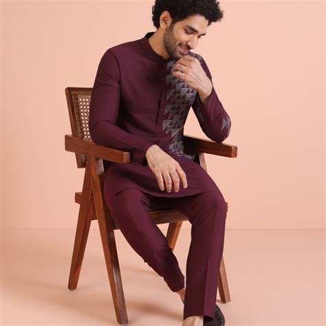 Men Wine Printed Geometric Kurta Trouser Set – Kisah