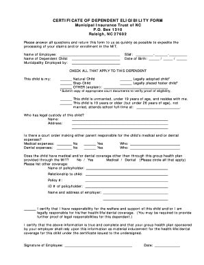 Certificate of Dependent Eligibility Form - Blank Fillable Template ...