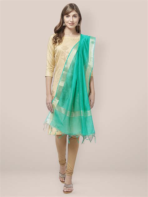Sea Green Cotton Silk Dupatta with Gold Borders. Dupatta Bazaar