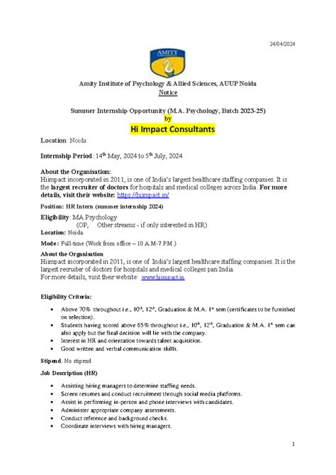 Hi Impact Consult.-Summer Internship 24 - 1 24/ 04 / Amity Institute of ...