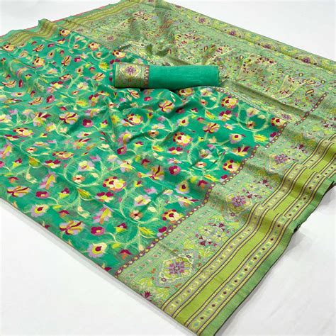 Rama Green Floral Woven Cotton Blend Saree