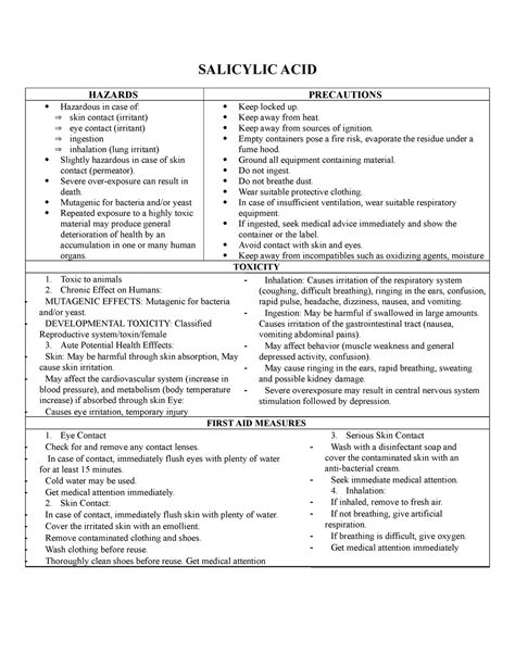 Salicylic ACI1 - summary of msds - SALICYLIC ACID HAZARDS PRECAUTIONS ...