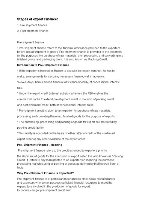 Stages of Export Finance: Pre and Post Shipment Overview - Studocu