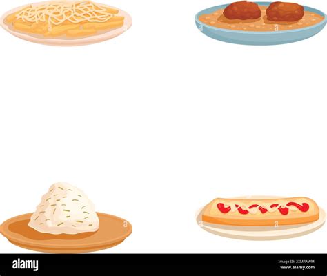Set of four cartoon illustrations featuring different dishes, spaghetti ...