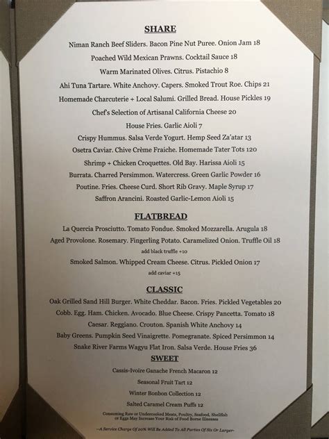 Menu at Madera restaurant, Menlo Park