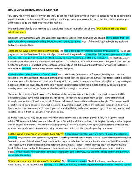 Adlers essay - Grade: A - How to Mark a Book Mortimer J. Adler, Ph. You ...