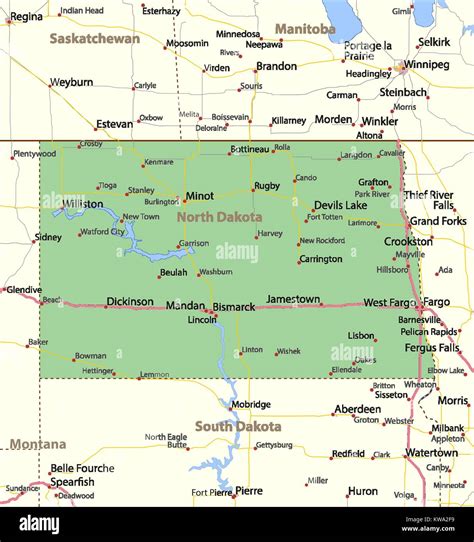 Map of North Dakota. Shows country borders, urban areas, place names ...