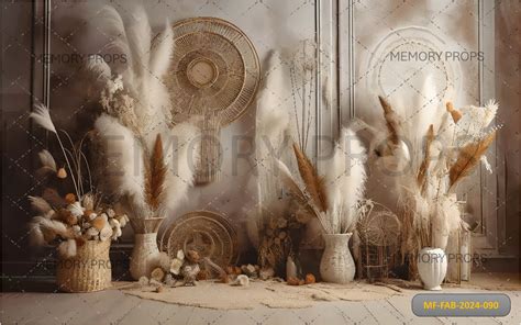 Wall With A Bunch Of Vases With Feathers Printed Backdrop