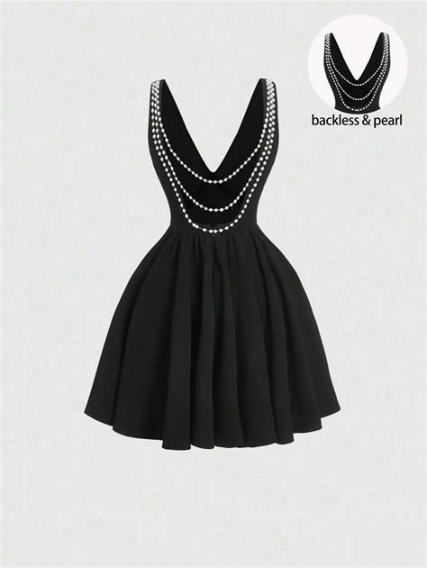 SHEIN MOD Women's Black Vintage Pearl Chain Backless Mid-Length Dress ...