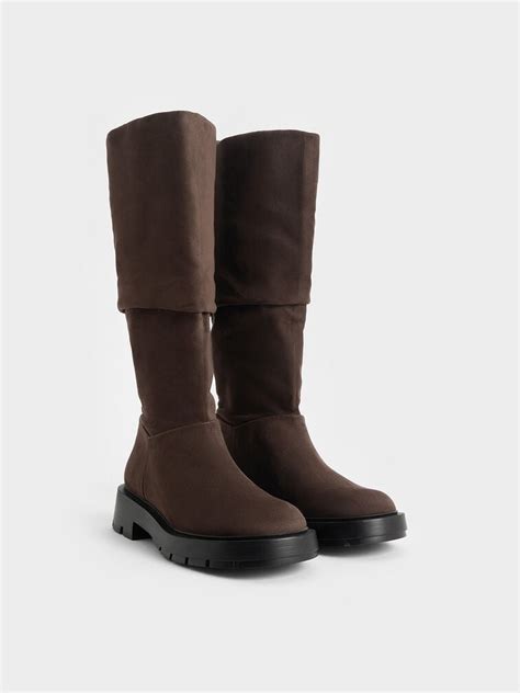 Brown Faux Suede Ruched Knee-High Boots - CHARLES & KEITH IN