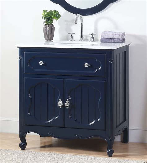 34" Navy Blue Bathroom Single Sink Vanity with White Marble Countertop