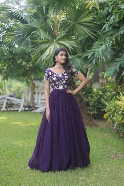 Captivating Purple Color Embroidered Work Long Gown - Cloths