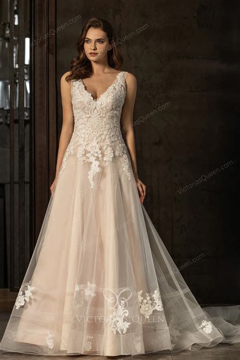 Elegant Pink Nude Lace & Tulle A-line Open Back Wedding Gown - VQ