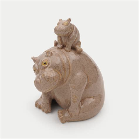 Grey Ceramic Mother and Baby Hippo