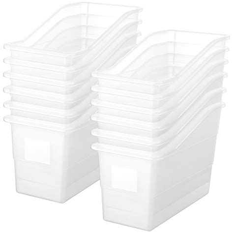 Suzile 12 Pcs Clear Plastic Book Bins with Labels for Classroom Linking Storage Bins Book and ...