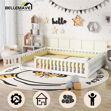 Queen Floor Bed for Kids, Solid Wood Montessori Bed Frame Fence & Door ...