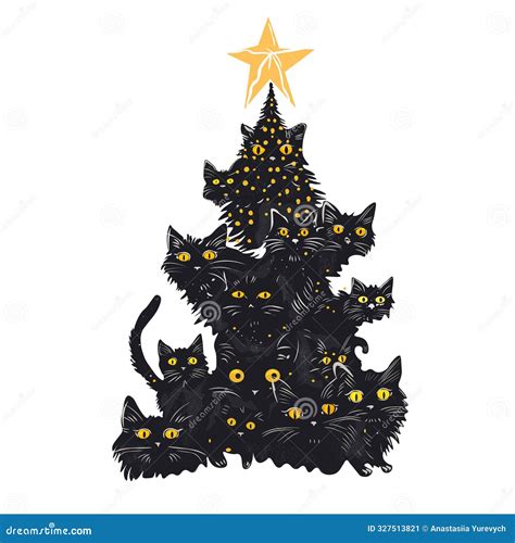 Black Cats Christmas Tree. Christmas Black Cat. Cute Cartoon Character ...