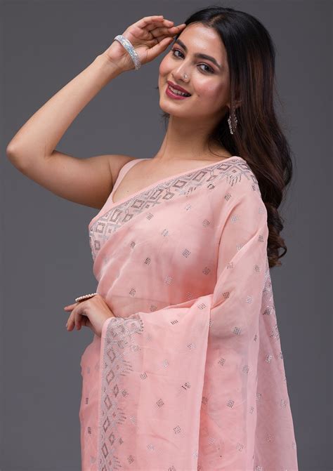 Buy Peach Swarovski Satin Saree - Koskii
