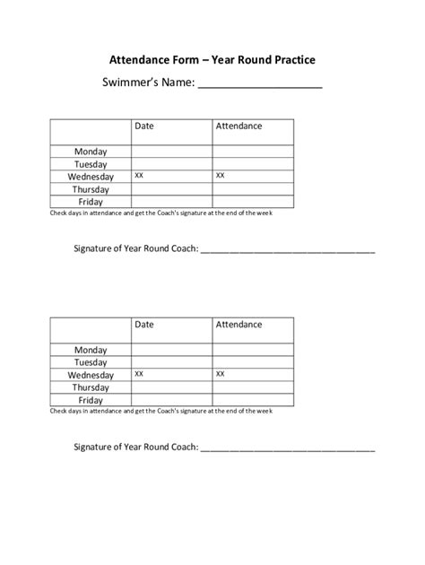 Fillable Online Attendance FormYear Round Practice Swimmer's Name Fax ...