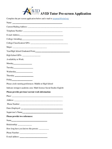 Fillable Online AVID Tutor Pre-screen Application Fax Email Print ...