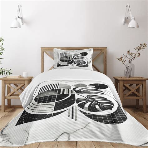 Ambesonne Black and White Bedspread Set Mid Century Leaf Grey Coconut ...