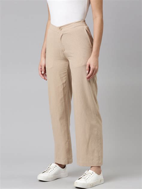 Women Beige Stripe Cotton Wide Pants