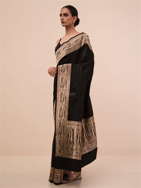 Black Stripe Satin Tanchoi Handloom Banarasi Saree - Sacred Weaves ...
