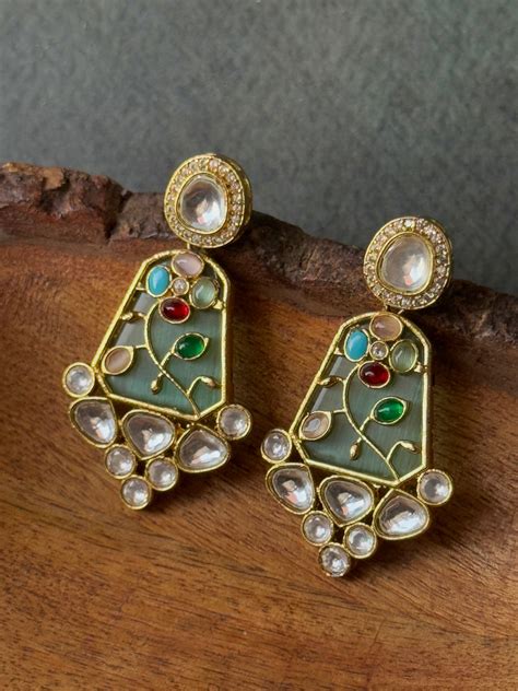 Monzonite Stone Embedded Golden Earrings for Women – Jhumki Wala