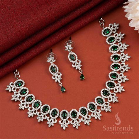 Rhodium Silver & Rose Gold Plated Party Wear AD Necklace Set – Sasitrends