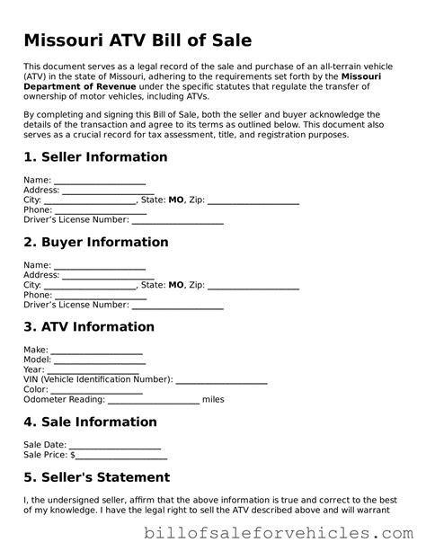 Valid Missouri ATV Bill of Sale Forms - Simple PDF Template