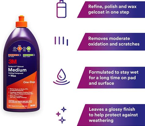 Buy 3M Perfect-It Gelcoat Medium Cutting Compound + Wax, 36106, 1 Quart ...