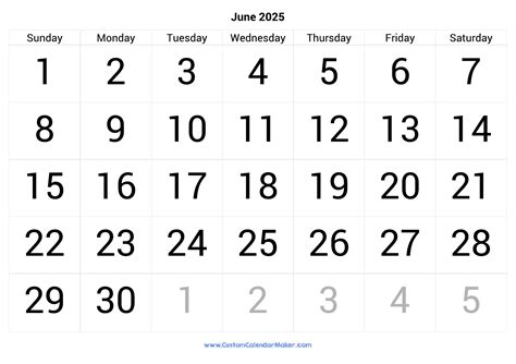 June 2025 Calendar Printable With Large Numbers | Custom Calendar Maker