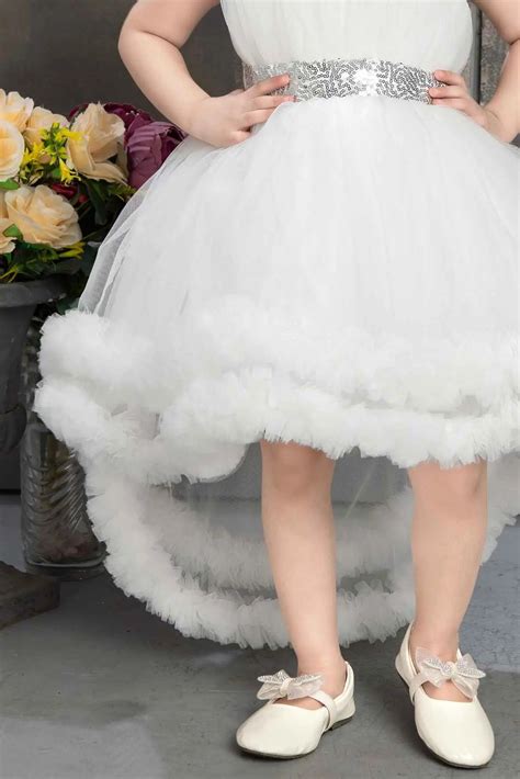 White Net Tailback Party Wear Frock With Bow Embellishment For Girls ...