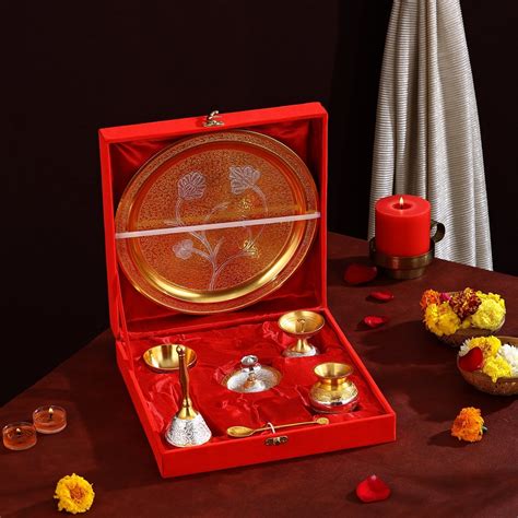 Brass Pooja Thali Set with Velvet Box - Unique Gift for Rituals ...