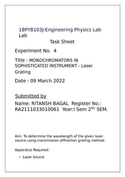 4 laser grating 61 - 18PYB103J-Engineering Physics Lab Lab Task Sheet ...