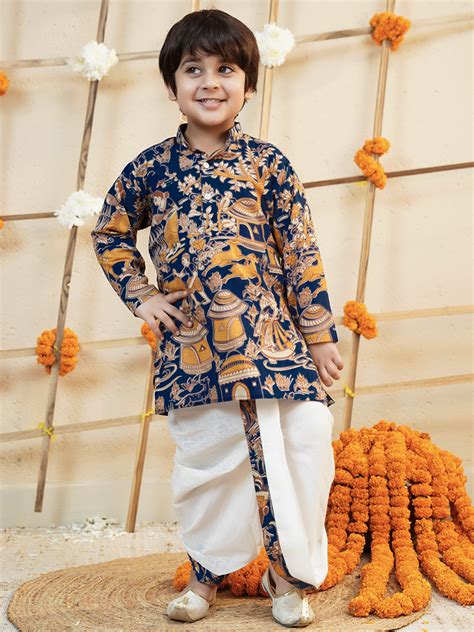 Navy-Blue Cotton Full Sleeves Abstract Printed Dhoti Set for Boys – AJ ...