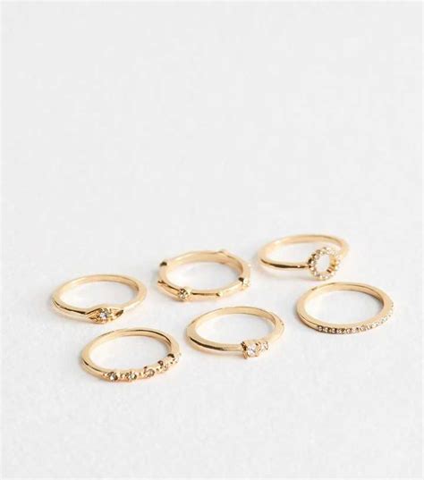 Pack of 6 Gold-Tone Diamanté Rings | New Look