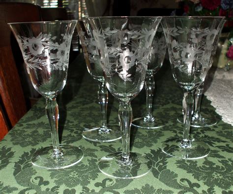 Crystal Stemware Tall Wine Glasses Etched Floral Leaves | Etsy