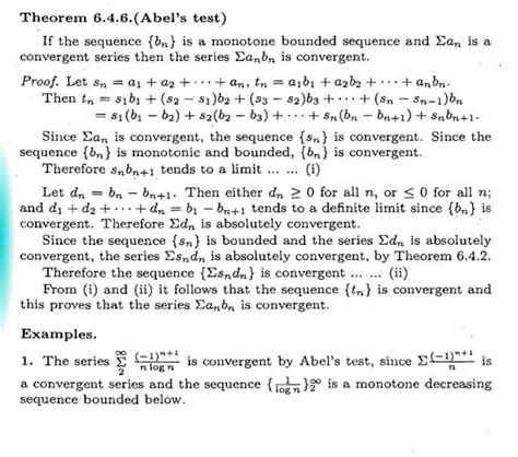 Explain abel's test and dirichlet's test with proper example