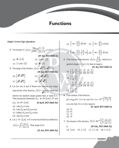 Functions PYQ Practice Sheet - Functions 1 Single Correct Type ...