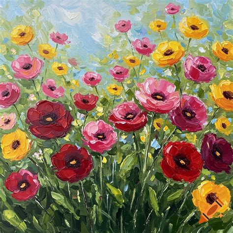 An impressionist acrylic painting of a field of colorful flowers. on Craiyon