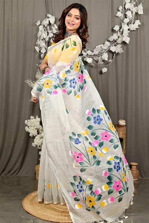 White Blended Cotton Anito Hand Painted Saree (3137) | PuJoy Fashion