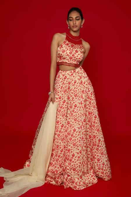 Buy Cream Organza Beads, Embroidery High Neck Lotus Jaal Print Lehenga ...
