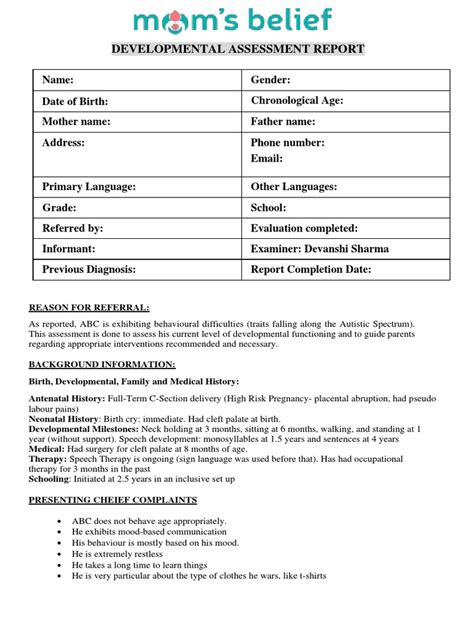 Rezultat imagine pentru Developmental Assessment Example