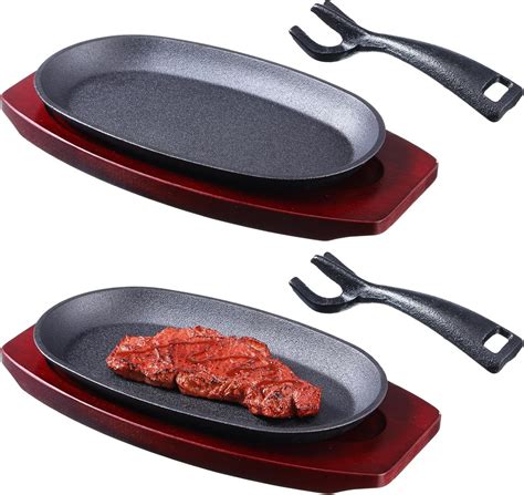 Amazon.com: 2 Pieces Oval Cast Iron Fajita Skillet Pan Set Small ...