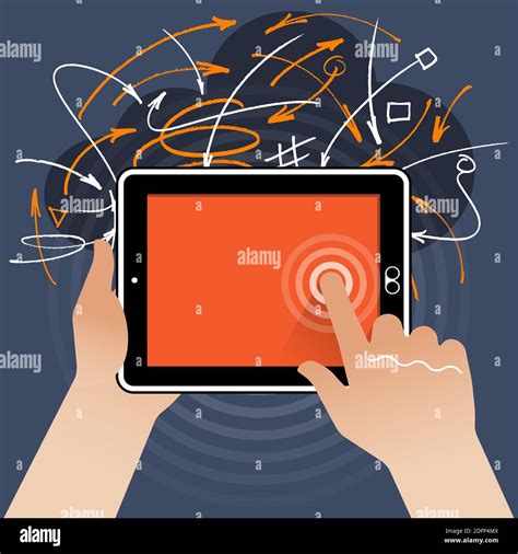 A flat stylised Tablet PC - held while touching the screen with the ...